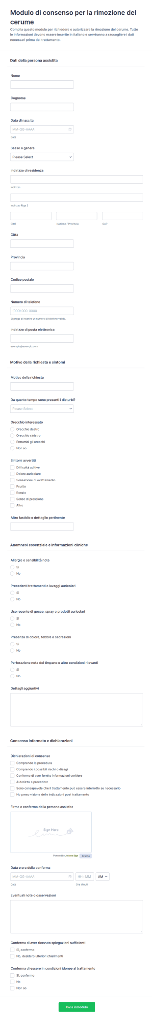 Modulo Di Consenso Per Rimozione Cerume Auricolare