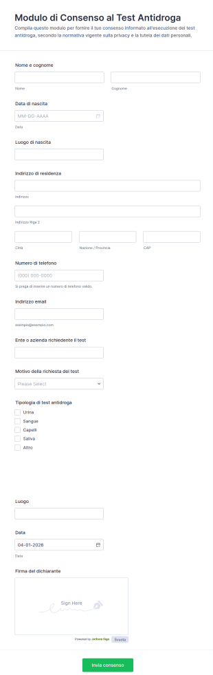Modulo Di Consenso Per Test Antidroga