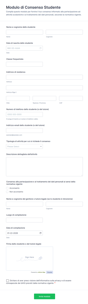 Modulo Di Consenso Studente Form Template
