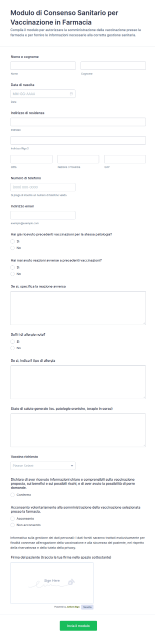Modulo Di Consenso Vaccinale In Farmacia
