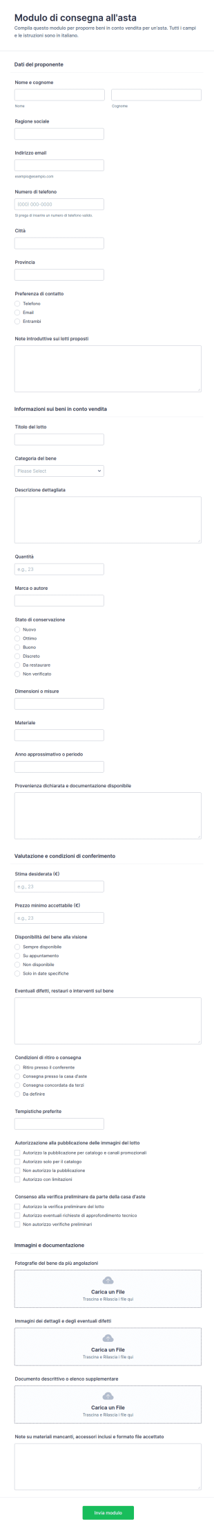 Modulo Di Consignment Per Asta
