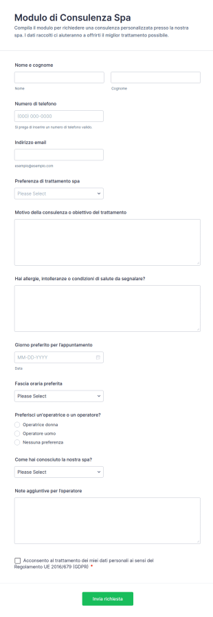 Modulo Di Consulenza Estetica Per Trattamenti Spa