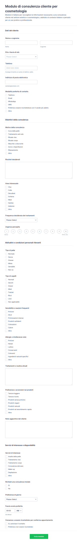 Modulo Di Consulenza Per Clienti Di Estetica