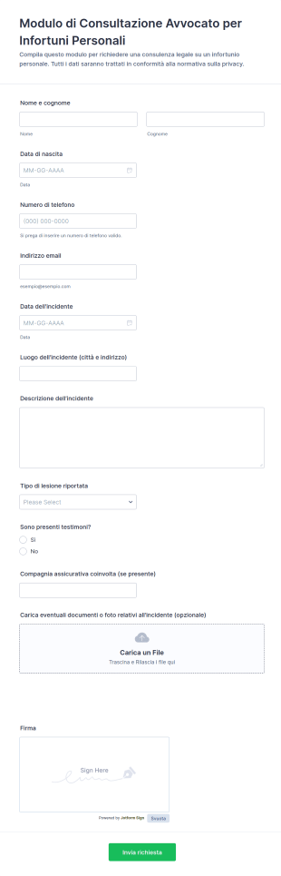 Modulo Di Consulenza Per Infortuni Personali