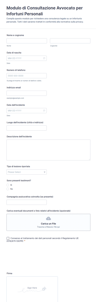Modulo Di Consulenza Per Infortuni Personali