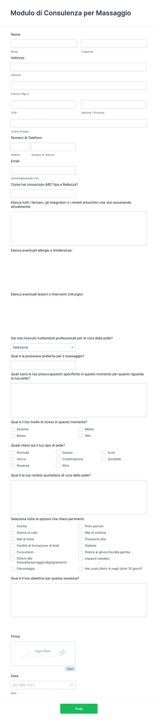 Modulo Di Consulenza Per Massaggio