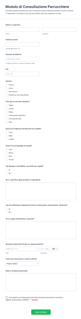 Modulo Di Consulenza Per Parrucchiere