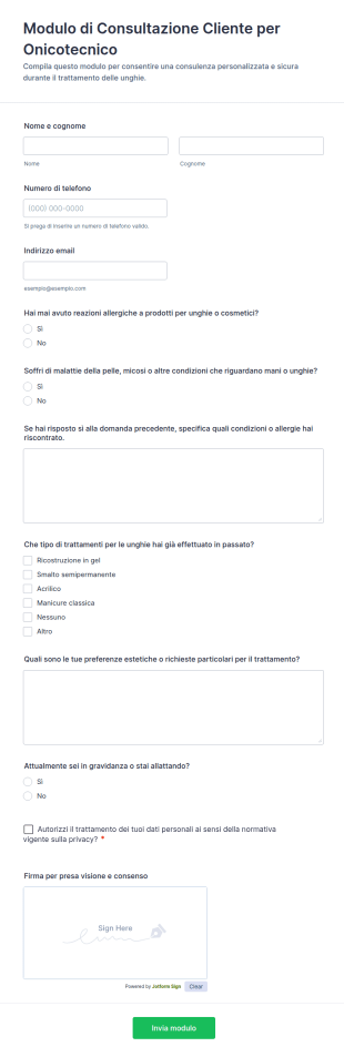 Modulo Di Consultazione Cliente Per Onicotecnico