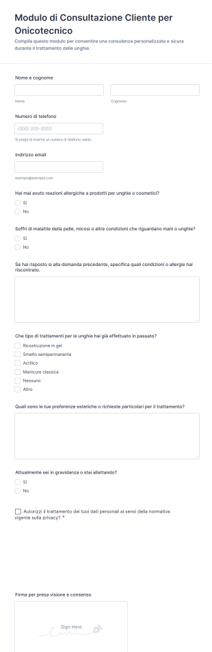 Modulo Di Consultazione Cliente Per Onicotecnico