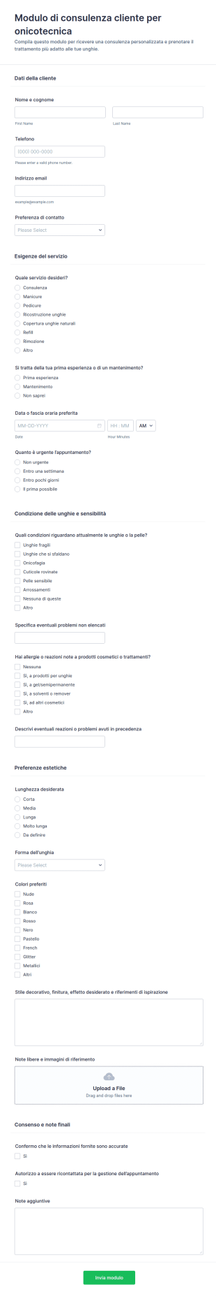 Modulo Di Consultazione Cliente Per Tecnico Delle Unghie