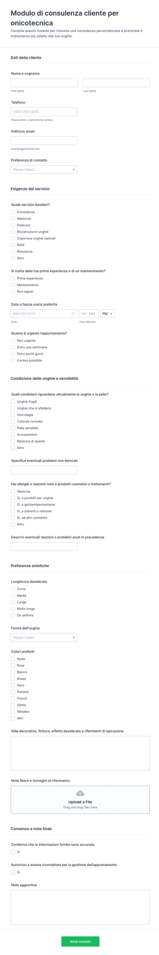 Modulo Di Consultazione Cliente Per Tecnico Delle Unghie