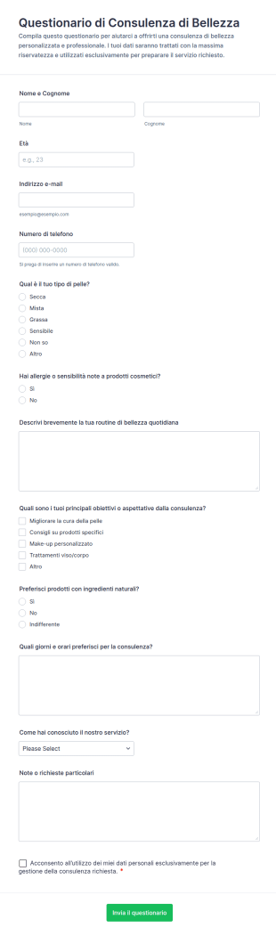 Modulo Di Consultazione Di Bellezza