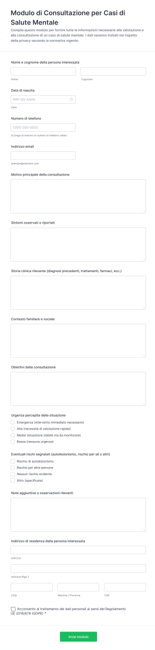 Modulo Di Consultazione Per Casi Di Salute Mentale