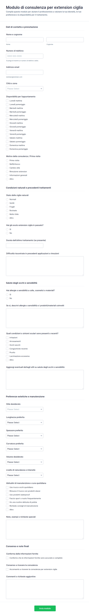 Modulo Di Consultazione Per Estensioni Ciglia