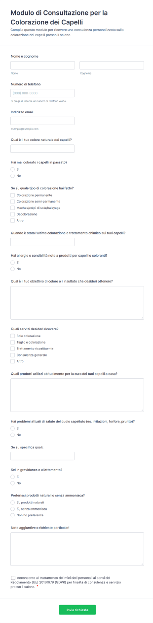 Modulo Di Consultazione Per La Colorazione Dei Capelli