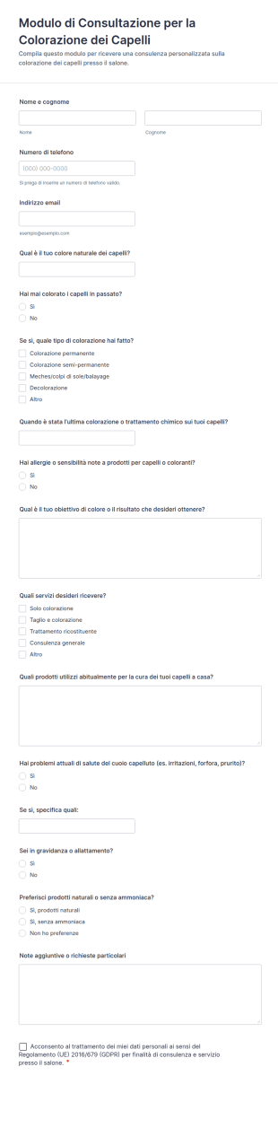 Modulo Di Consultazione Per La Colorazione Dei Capelli