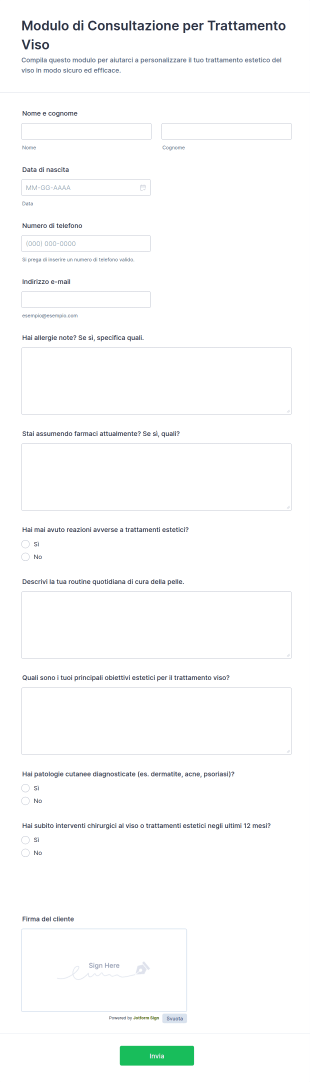 Modulo Di Consultazione Per Trattamento Viso