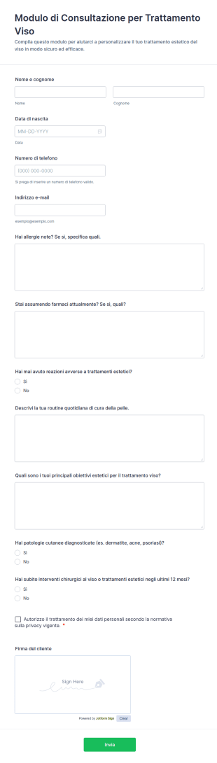 Modulo Di Consultazione Per Trattamento Viso