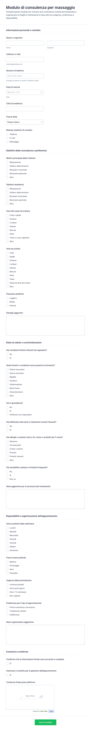 Modulo Di Consultazione Sul Massaggi