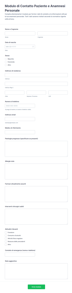 Modulo Di Contatto Del Paziente E Anamnesi Personale