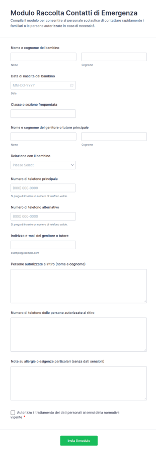 Modulo Di Contatto Di Emergenza Per L’Asilo Nido