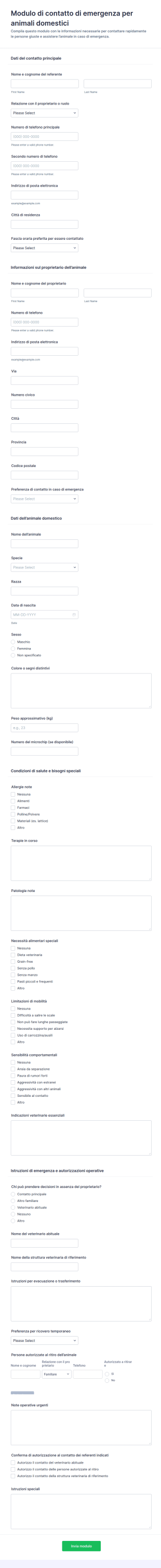 Modulo Di Contatto Emergenza Per Animali Domestici 🐾