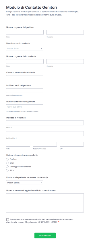 Modulo Di Contatto Genitori