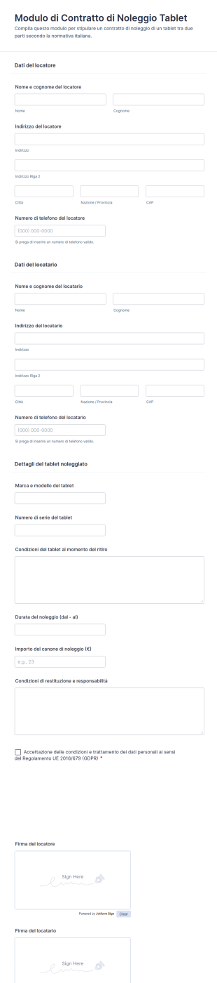 Modulo Di Contratto Di Noleggio Tablet