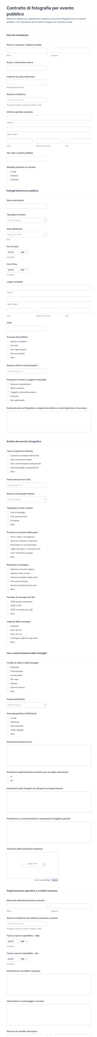Modulo Di Contratto Fotografico Per Eventi Pubblici