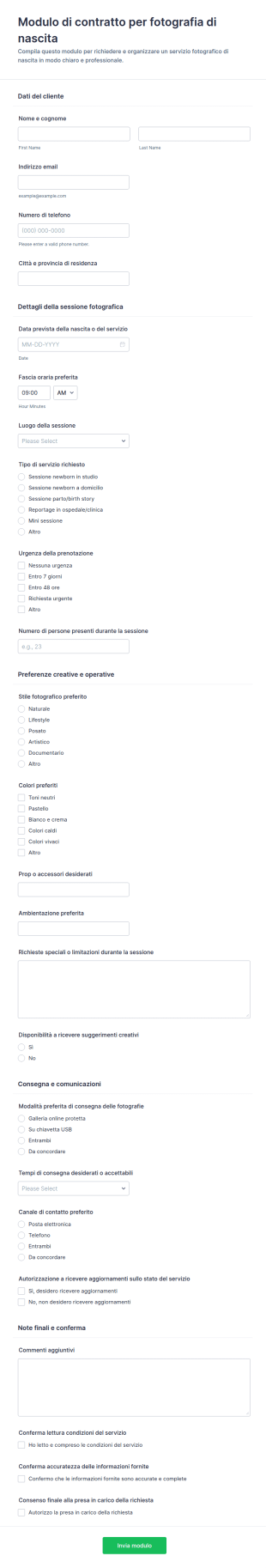 Modulo Di Contratto Per Fotografia Di Nascita