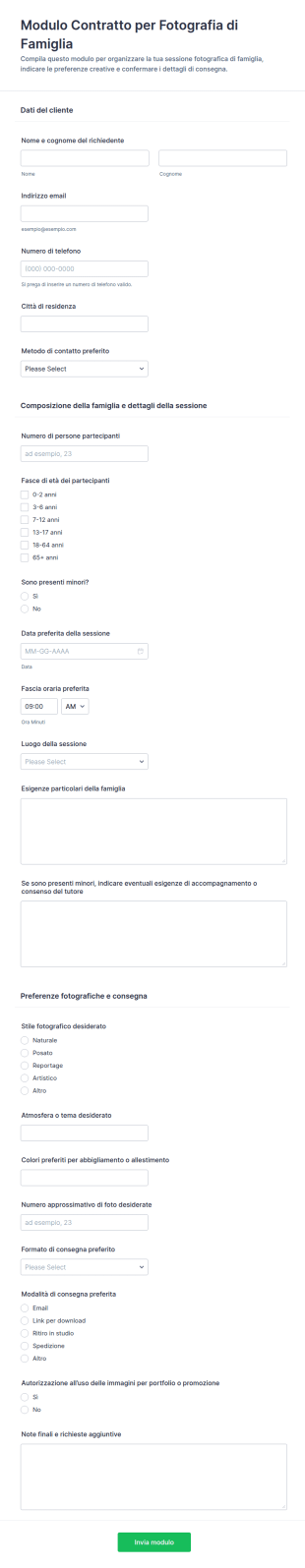 Modulo Di Contratto Per Servizi Fotografici Familiare