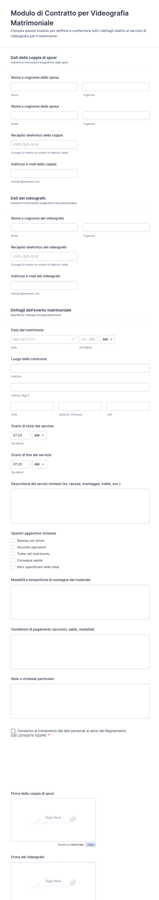 Modulo Di Contratto Per Videografia Matrimoniale