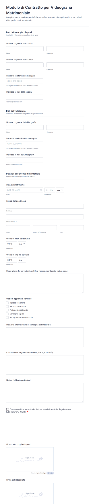Modulo Di Contratto Per Videografia Matrimoniale | Jotform