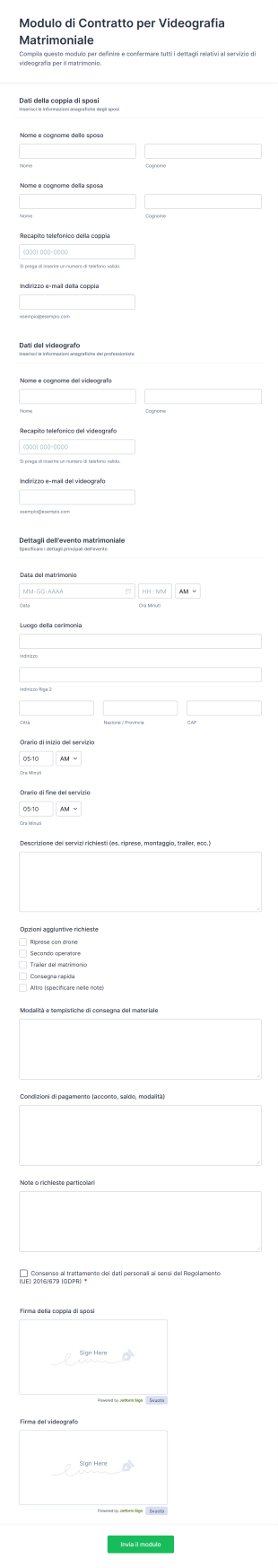 Modulo Di Contratto Per Videografia Matrimoniale