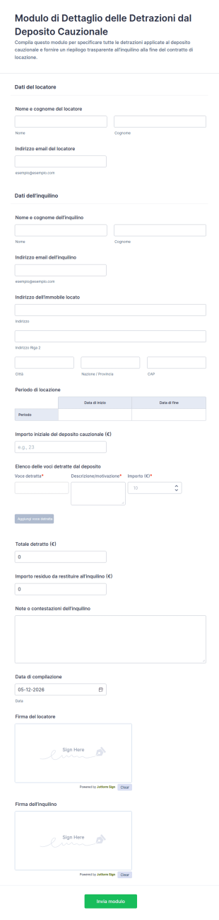 Modulo Di Detrazione Dettagliata Del Deposito Cauzionale
