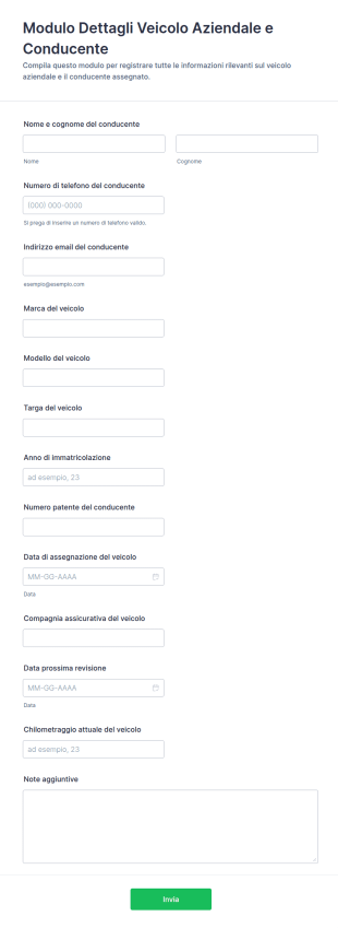 Modulo Di Dettagli Veicolo Aziendale E Autista