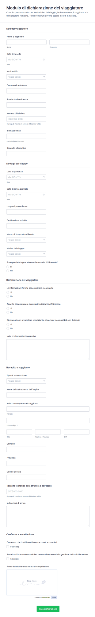 Modulo Di Dichiarazione Del Viaggiatore