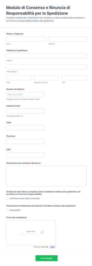 Modulo Di Dichiarazione Di Esenzione Di Responsabilità Per Spedizioni