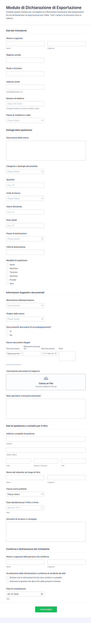 Modulo Di Dichiarazione Di Esportazione