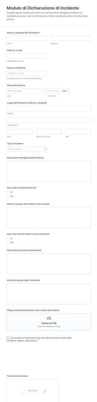 Modulo Di Dichiarazione Di Incidente