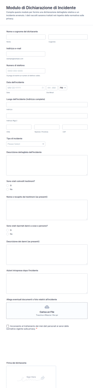 Modulo Di Dichiarazione Di Incidente