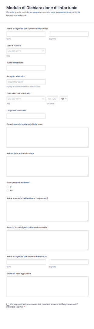 Modulo Di Dichiarazione Di Infortunio
