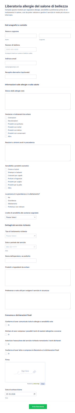 Modulo Di Dichiarazione Di Non Allergia Per Salone Di Bellezza