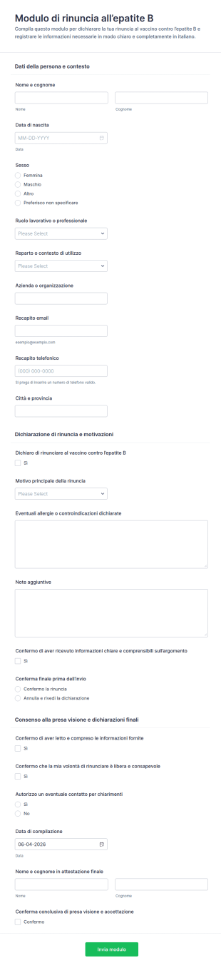 Modulo Di Dichiarazione Di Rifiuto Per L'Eliminazione Dell'epatite B