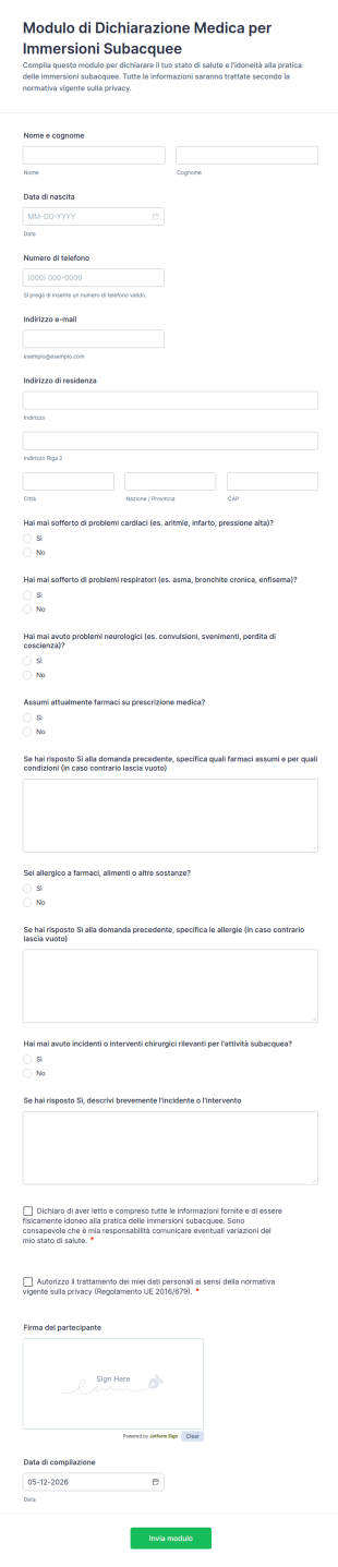 Modulo Di Dichiarazione Medica Per Immersioni Subacquee