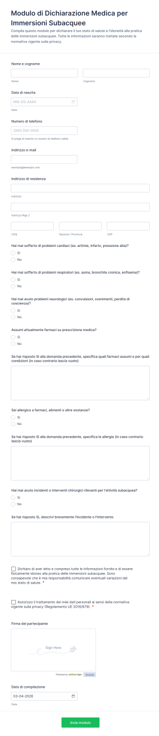Modulo Di Dichiarazione Medica Per Immersioni Subacquee