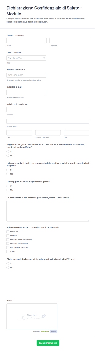 Modulo Di Dichiarazione Sanitaria Confidenziale