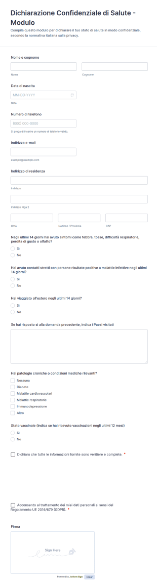 Modulo Di Dichiarazione Sanitaria Confidenziale