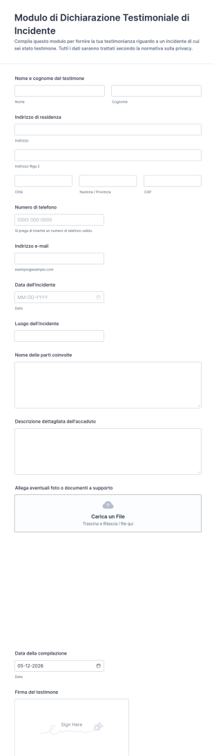 Modulo Di Dichiarazione Testimoniale Di Incidente