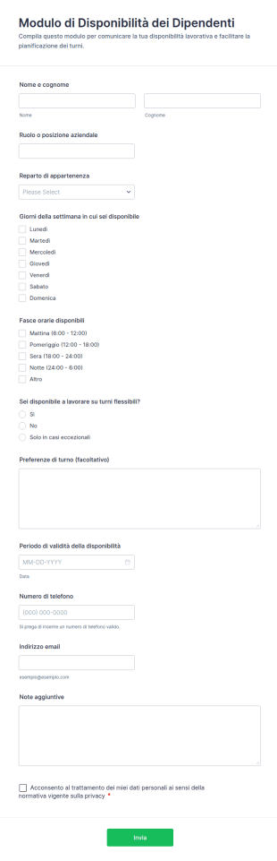 Modulo Di Disponibilità Dei Dipendenti